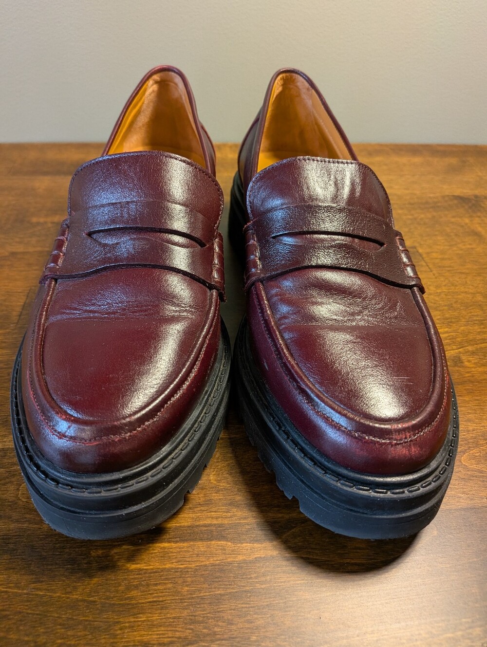 Sézane Albane Loafers Glossy Burgundy Leather Thick Lug Sole Shoes EU 39 US 8 - Picture 3 of 16